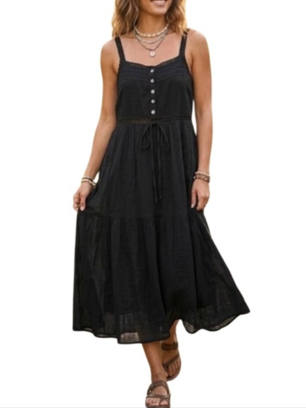 Natural Life Crochet Lace Strap Tie Waist Tiered Midi Dress Black Gauzy Cotton